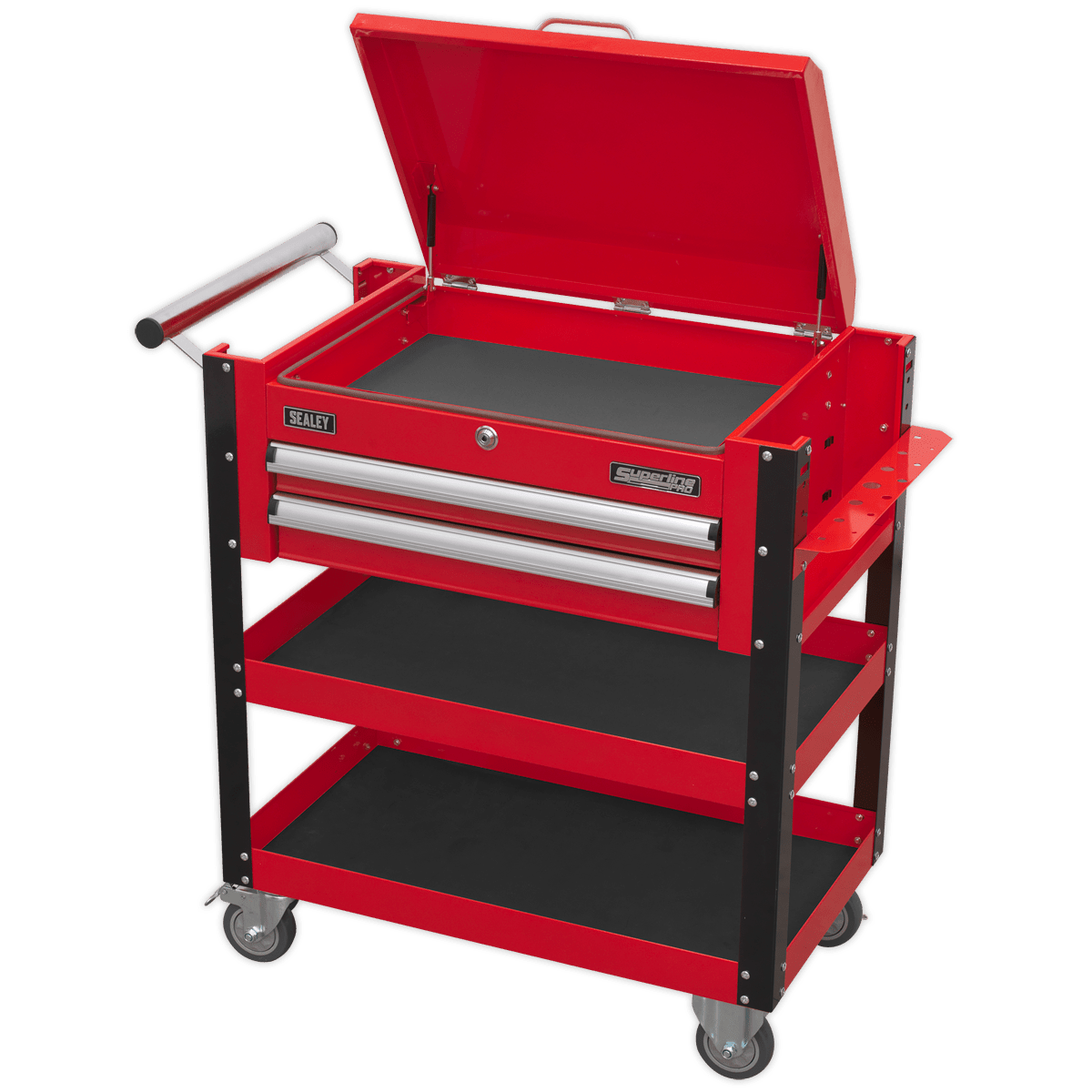 Sealey AP760M Superline PRO® Heavy-Duty Mobile Tool & Parts Trolley with Lockable Top & 2 Drawers - Red - AP760M - Sealey Tools UK - Trade Counter Direct