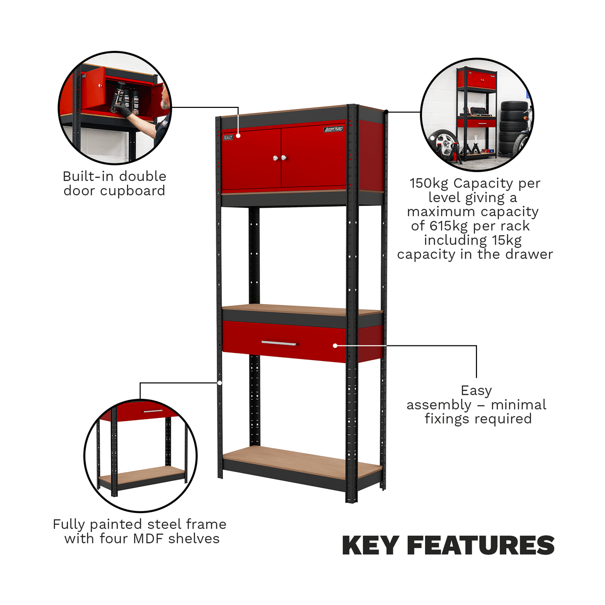 Sealey AP830R Shelving Unit 4-Tier with Cupboard & Drawer - AP830R - Sealey Tools UK - Trade Counter Direct