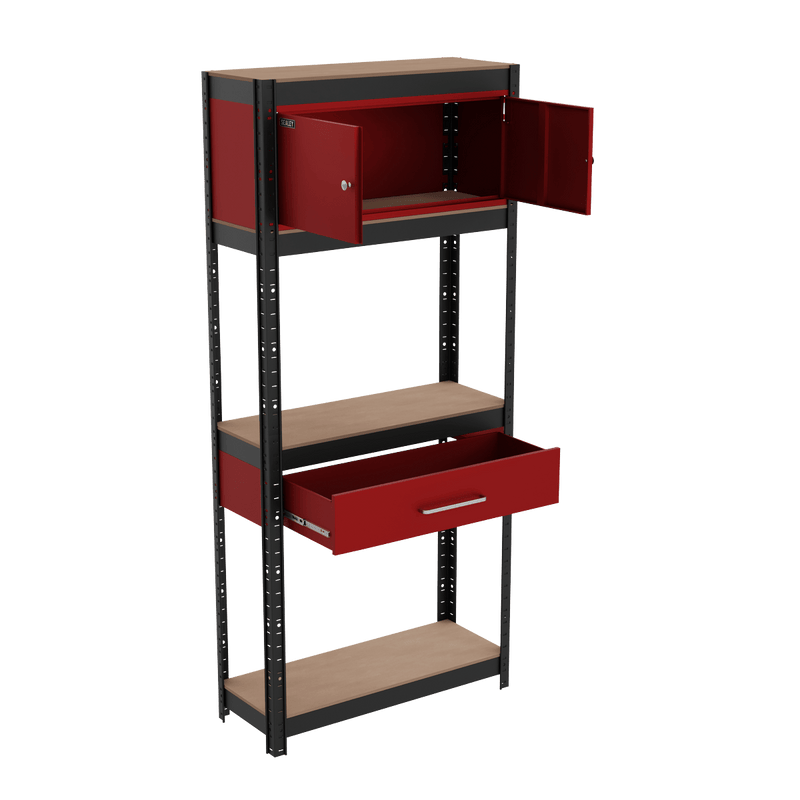 Sealey AP830R Shelving Unit 4-Tier with Cupboard & Drawer - AP830R - Sealey Tools UK - Trade Counter Direct