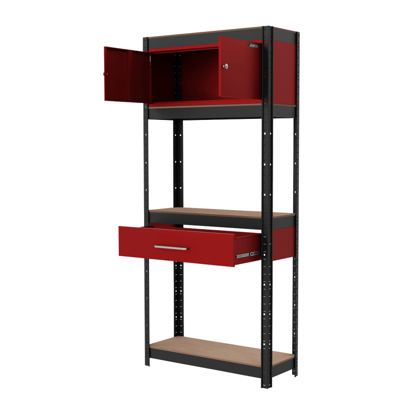Sealey AP830R Shelving Unit 4-Tier with Cupboard & Drawer - AP830R - Sealey Tools UK - Trade Counter Direct