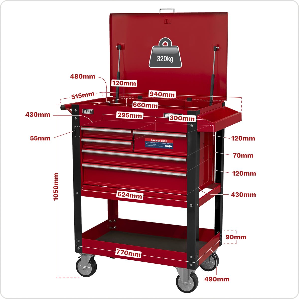 Sealey AP890M Heavy - Duty Mobile Tool & Parts Trolley with 5 Drawers & Lockable Top - AP890M - Sealey Tools UK - Trade Counter Direct