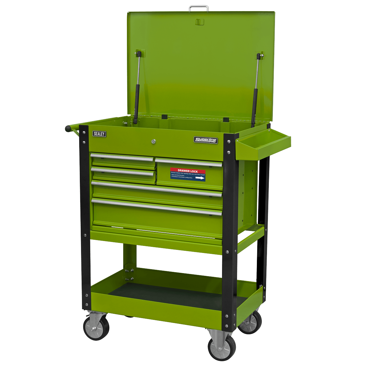 Sealey AP890MHV Superline PRO® Heavy-Duty Mobile Tool & Parts Trolley with 5 Drawers and Lockable Top - Hi-Vis Green - AP890MHV - Sealey Tools UK - Trade Counter Direct