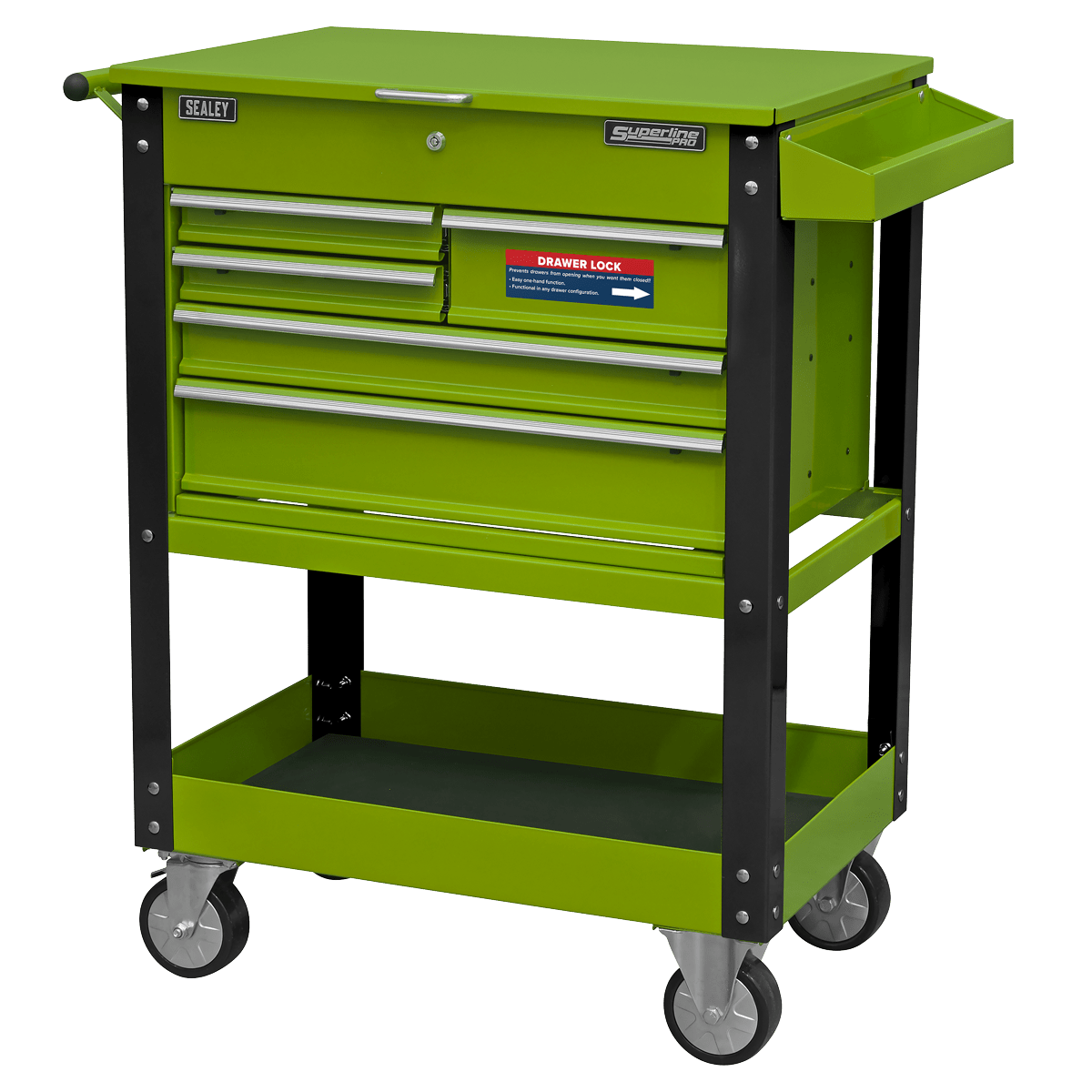 Sealey AP890MHV Superline PRO® Heavy-Duty Mobile Tool & Parts Trolley with 5 Drawers and Lockable Top - Hi-Vis Green - AP890MHV - Sealey Tools UK - Trade Counter Direct