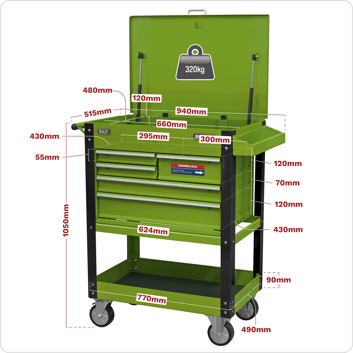 Sealey AP890MHV Superline PRO® Heavy-Duty Mobile Tool & Parts Trolley with 5 Drawers and Lockable Top - Hi-Vis Green - AP890MHV - Sealey Tools UK - Trade Counter Direct