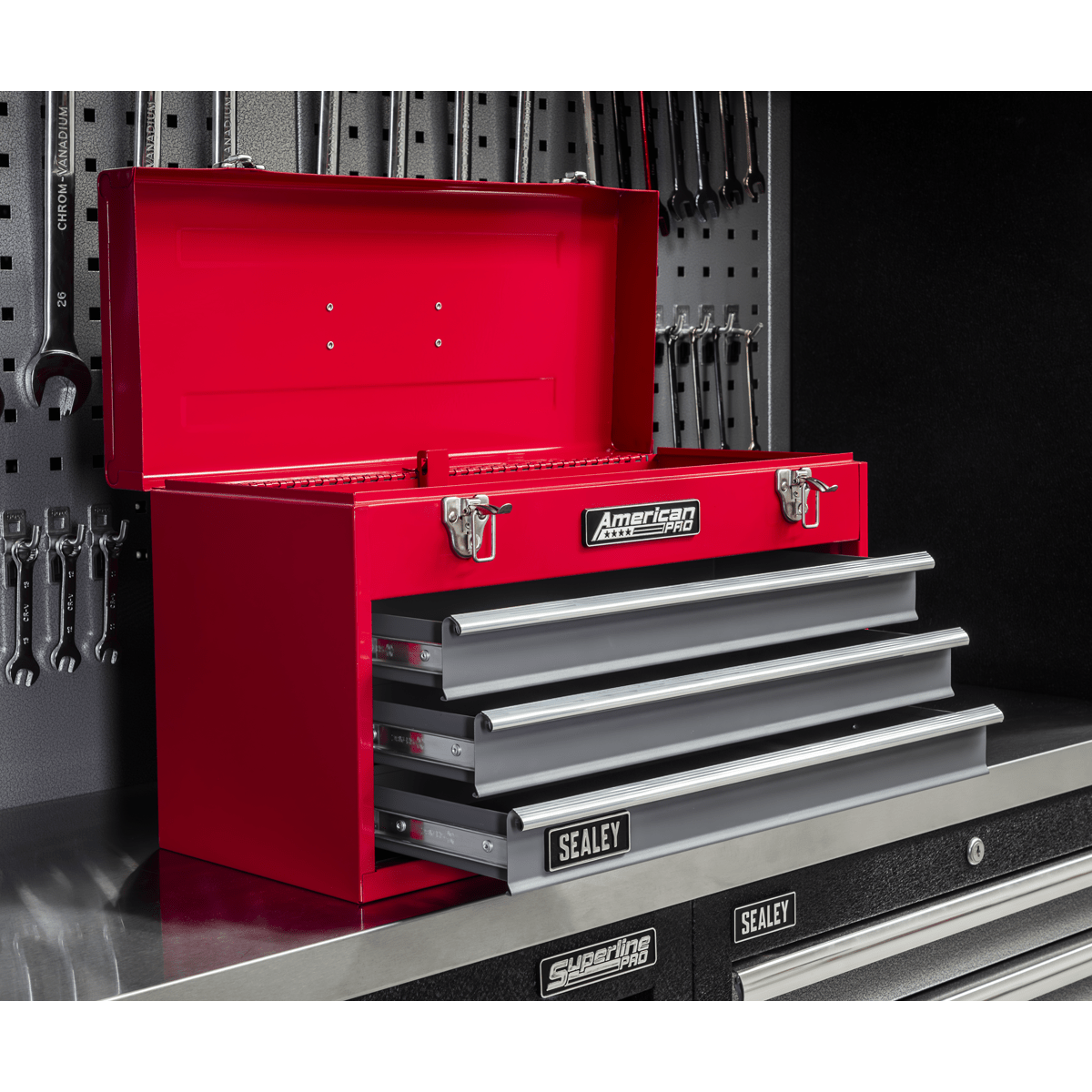Sealey AP9243BB American PRO® Tool Chest 3 Drawer - Red/Grey - AP9243BB - Sealey Tools UK - Trade Counter Direct