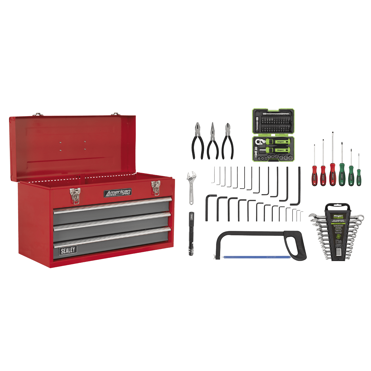 Sealey AP9243BBCOMBO American PRO® Tool Chest 3 Drawer with 93pc Tool Kit - Red/Grey - AP9243BBCOMBO - Sealey Tools UK - Trade Counter Direct