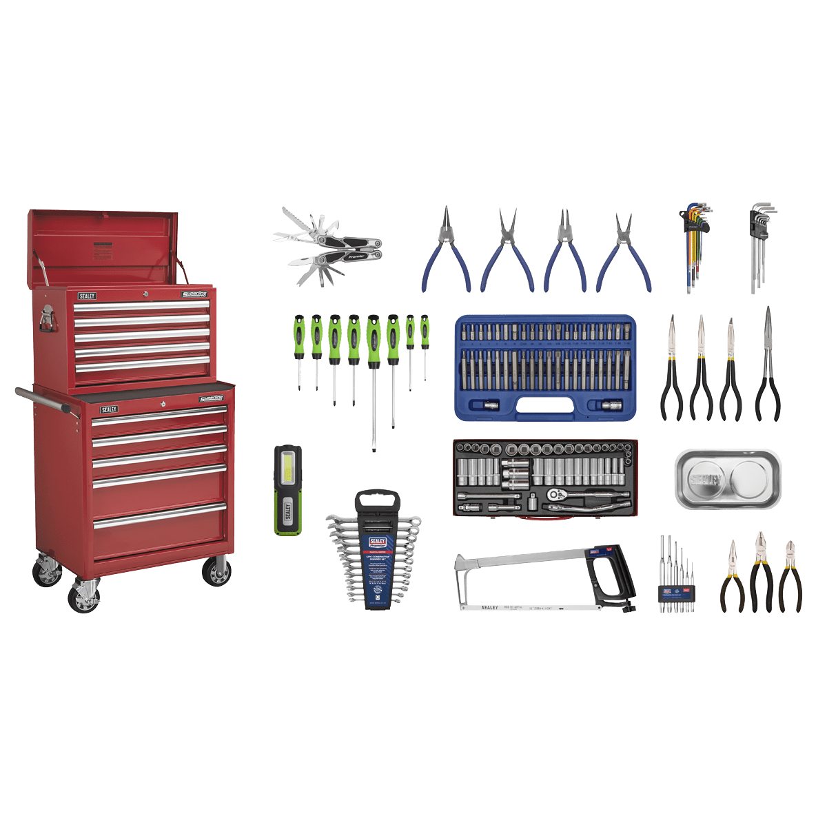 Sealey APCOMBOBBTK55 Superline PRO® Topchest & Rollcab Combination 10 Drawer with 148pc Tool Kit - Red - APCOMBOBBTK55 - Sealey Tools UK - Trade Counter Direct