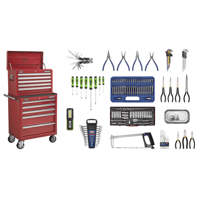 Sealey APCOMBOBBTK55 Superline PRO® Topchest & Rollcab Combination 10 Drawer with 148pc Tool Kit - Red - APCOMBOBBTK55 - Sealey Tools UK - Trade Counter Direct