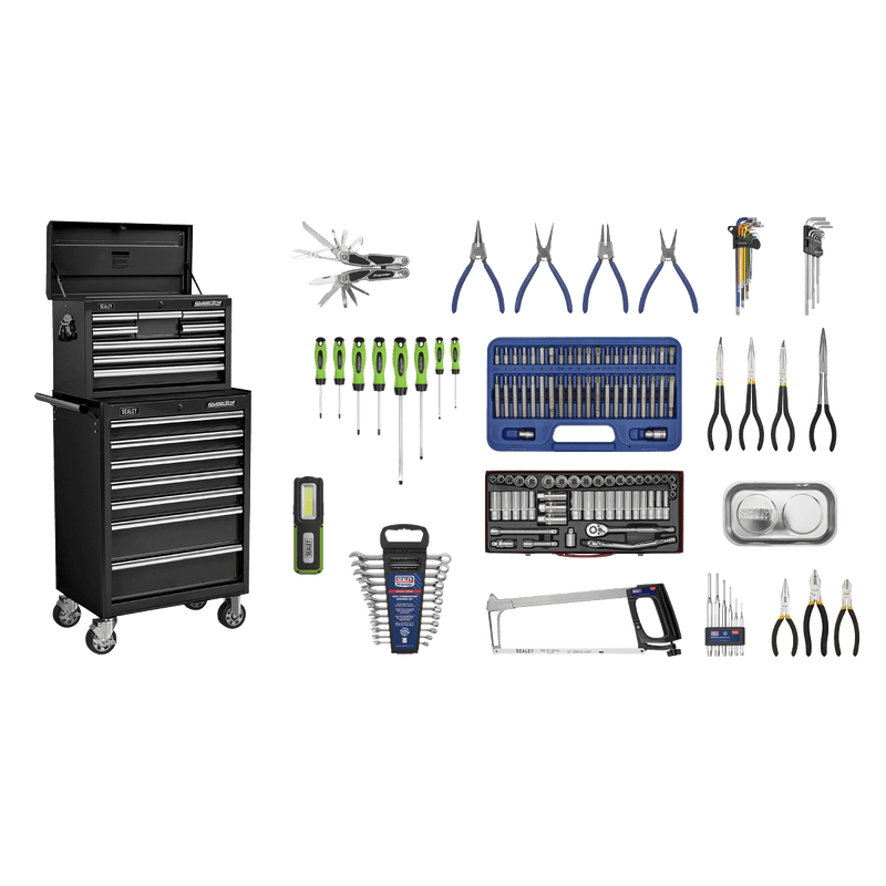 Sealey APCOMBOBBTK58 Superline PRO® Topchest & Rollcab Combination 15 Drawer with 148pc Tool Kit - Black - APCOMBOBBTK58 - Sealey Tools UK - Trade Counter Direct