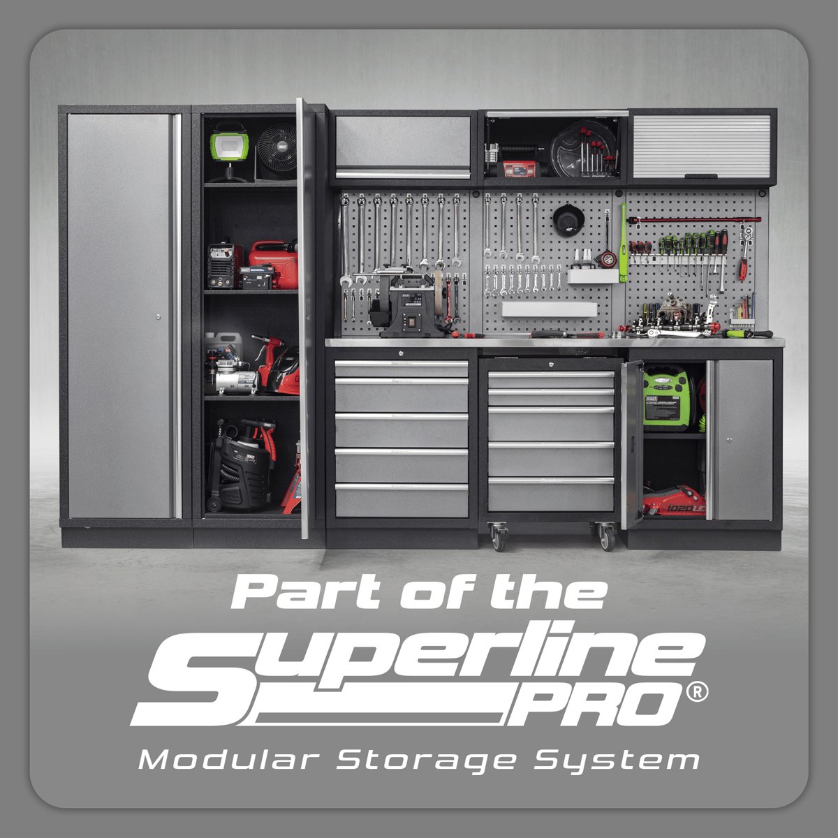Sealey APMSSTACK17SS Superline PRO® Storage System with Stainless Worktop 4.92m - APMSSTACK17SS - Sealey Tools UK - Trade Counter Direct