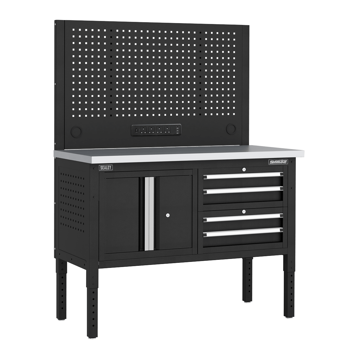 Sealey APMWB50COMBO1SS Superline PRO® Modular Workbench with 4 Drawers & Cupboard Stainless Steel Worktop 1265mm - APMWB50COMBO1SS - Sealey Tools UK - Trade Counter Direct