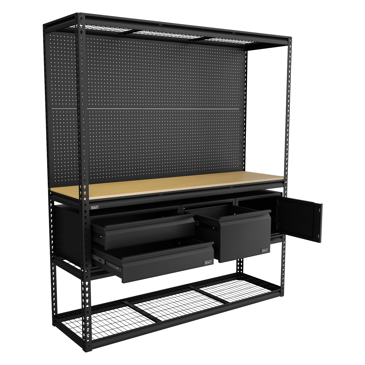 Sealey APMWBCOMBO1 Heavy-Duty Modular Workbench & Racking Kit with 3 Storage Units - APMWBCOMBO1 - Sealey Tools UK - Trade Counter Direct