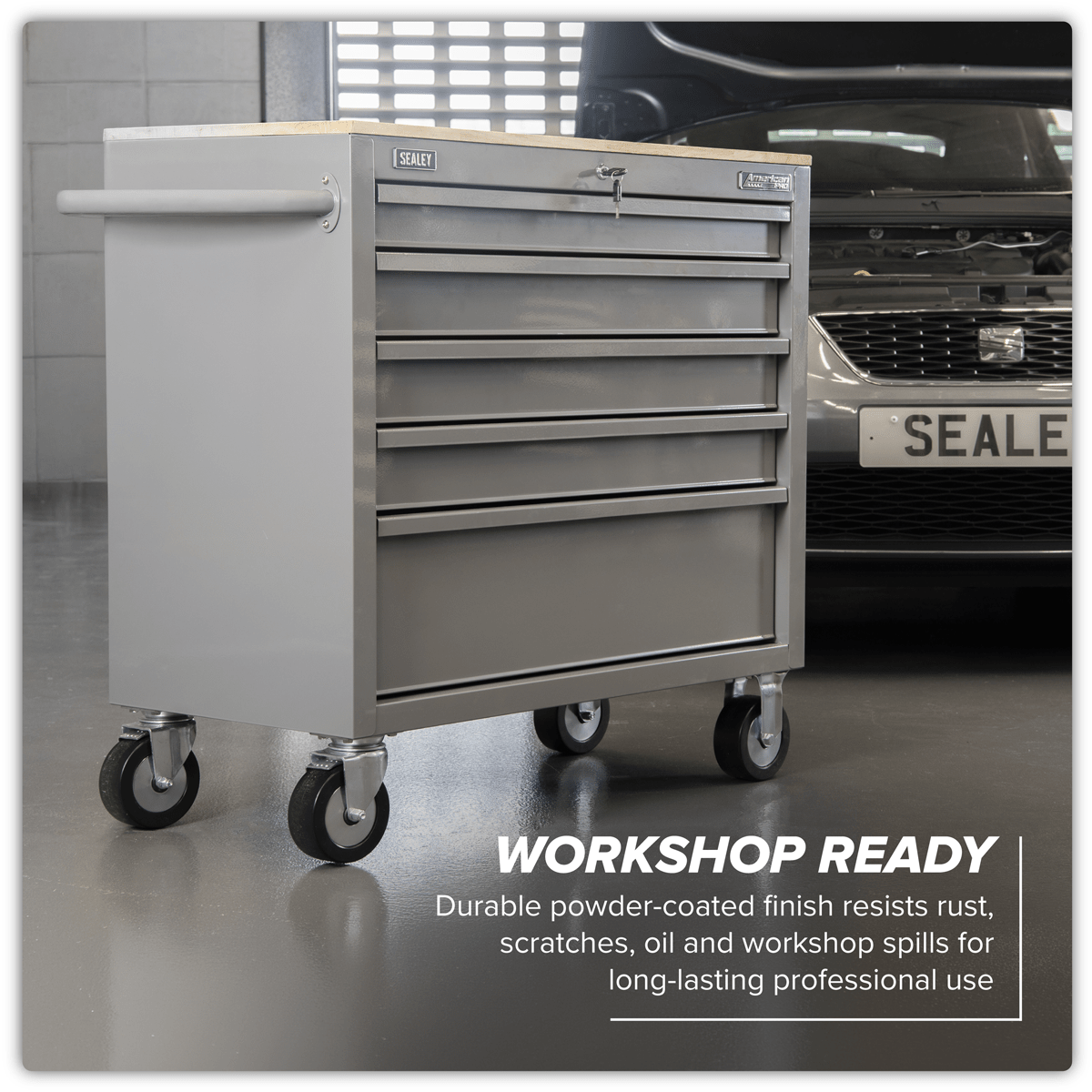 Sealey APMWS1G American PRO® Mobile Workstation with Wooden Worktop 5 Drawer - Grey - APMWS1G - Sealey Tools UK - Trade Counter Direct