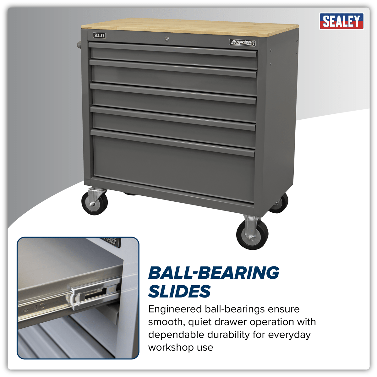 Sealey APMWS1G American PRO® Mobile Workstation with Wooden Worktop 5 Drawer - Grey - APMWS1G - Sealey Tools UK - Trade Counter Direct