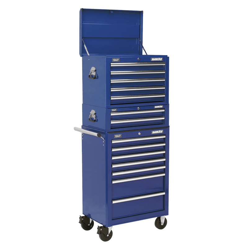 Sealey APSTACKTC Superline PRO® Topchest, Mid-Box Tool Chest & Rollcab Combination 14 Drawer - Blue - APSTACKTC - Sealey Tools UK - Trade Counter Direct