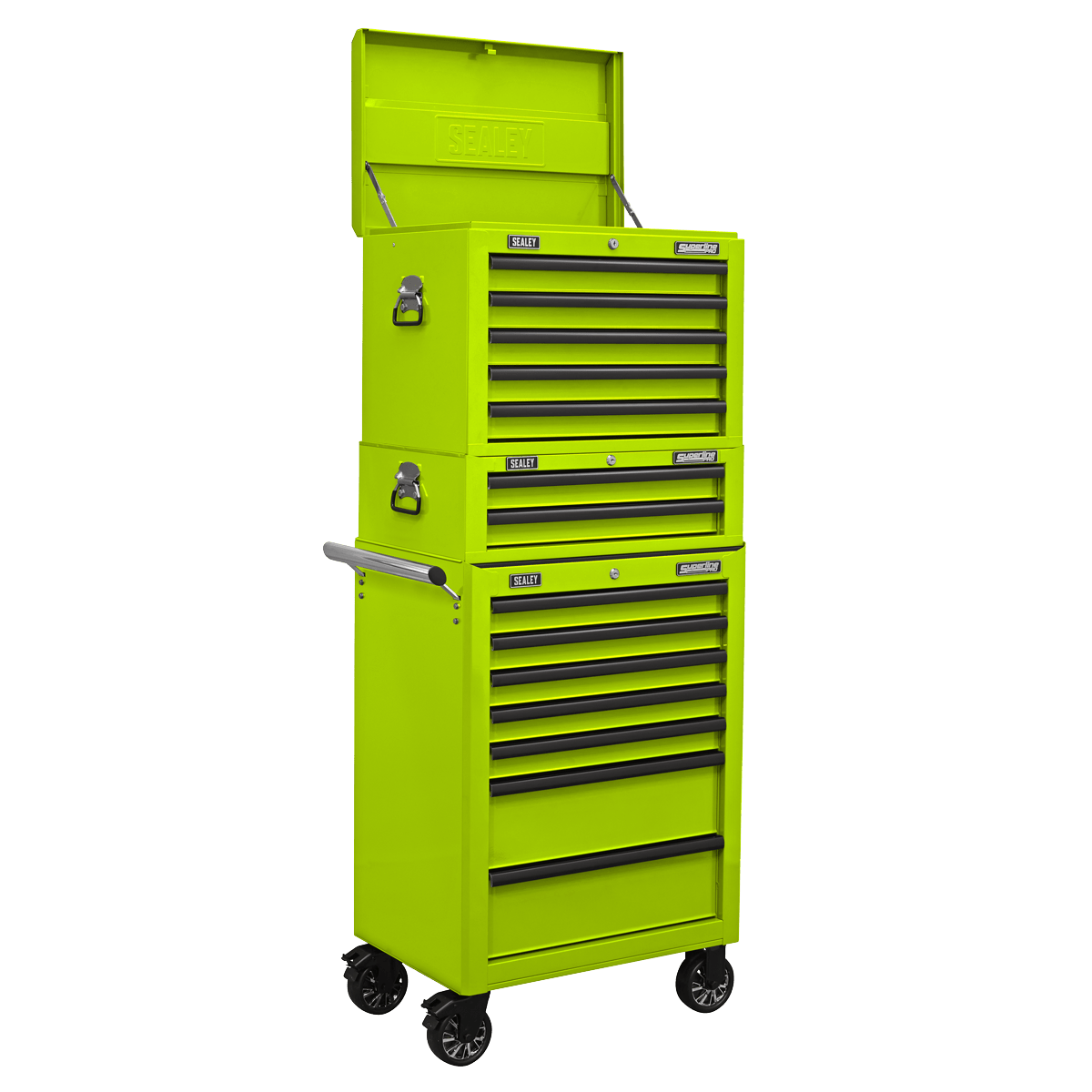 Sealey APSTACKTHV Superline PRO® Topchest, Mid-Box Tool Chest & Rollcab Combination 14 Drawer - Green - APSTACKTHV - Sealey Tools UK - Trade Counter Direct