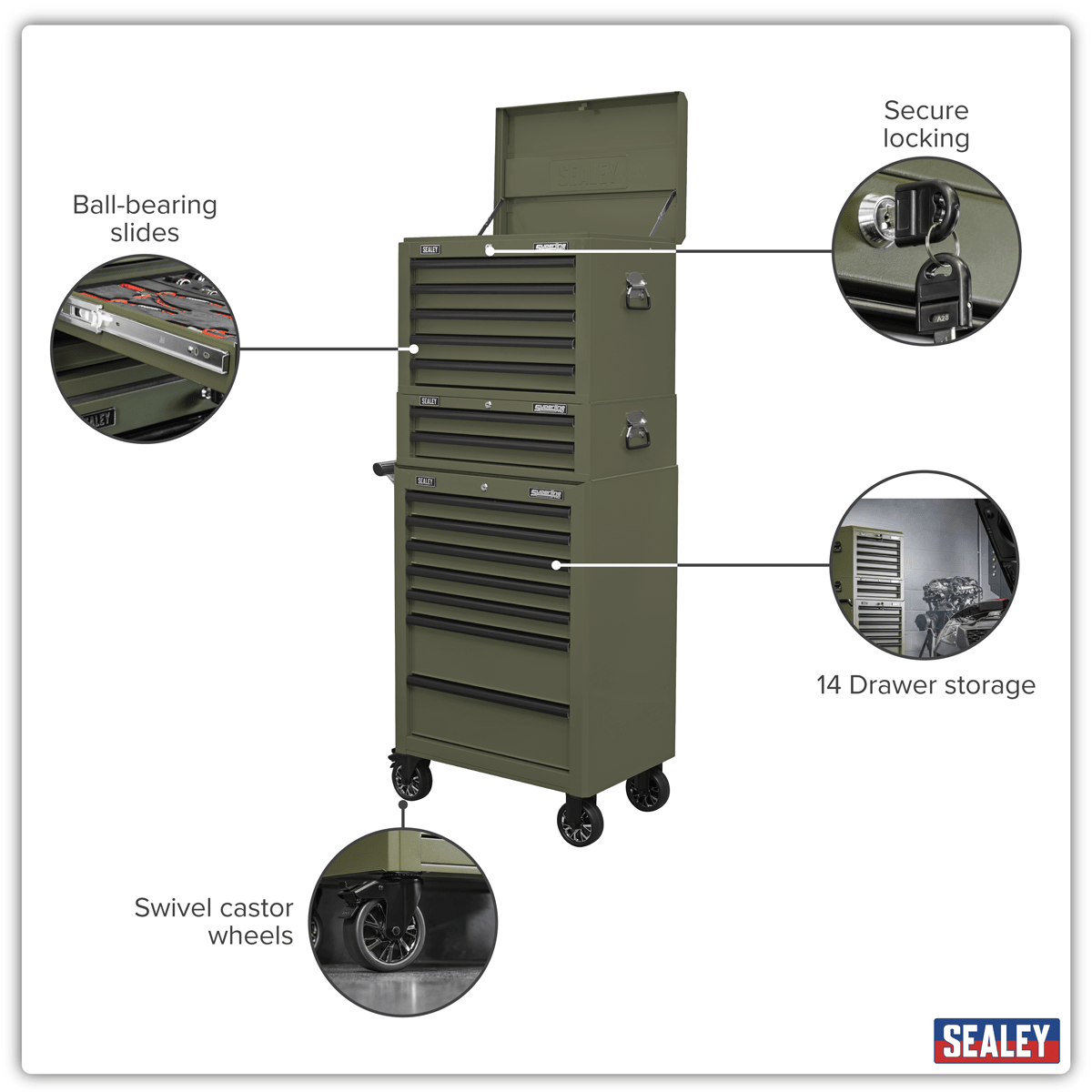 Sealey APSTACKTK Superline PRO® Topchest, Mid-Box Tool Chest & Rollcab Combination 14 Drawer - Khaki - APSTACKTK - Sealey Tools UK - Trade Counter Direct