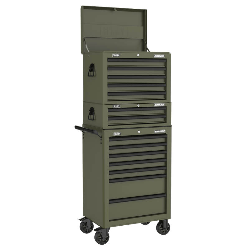 Sealey APSTACKTK Superline PRO® Topchest, Mid-Box Tool Chest & Rollcab Combination 14 Drawer - Khaki - APSTACKTK - Sealey Tools UK - Trade Counter Direct