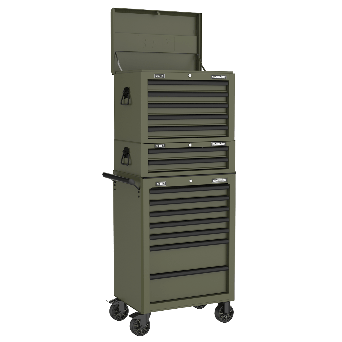 Sealey APSTACKTK Superline PRO® Topchest, Mid-Box Tool Chest & Rollcab Combination 14 Drawer - Khaki - APSTACKTK - Sealey Tools UK - Trade Counter Direct