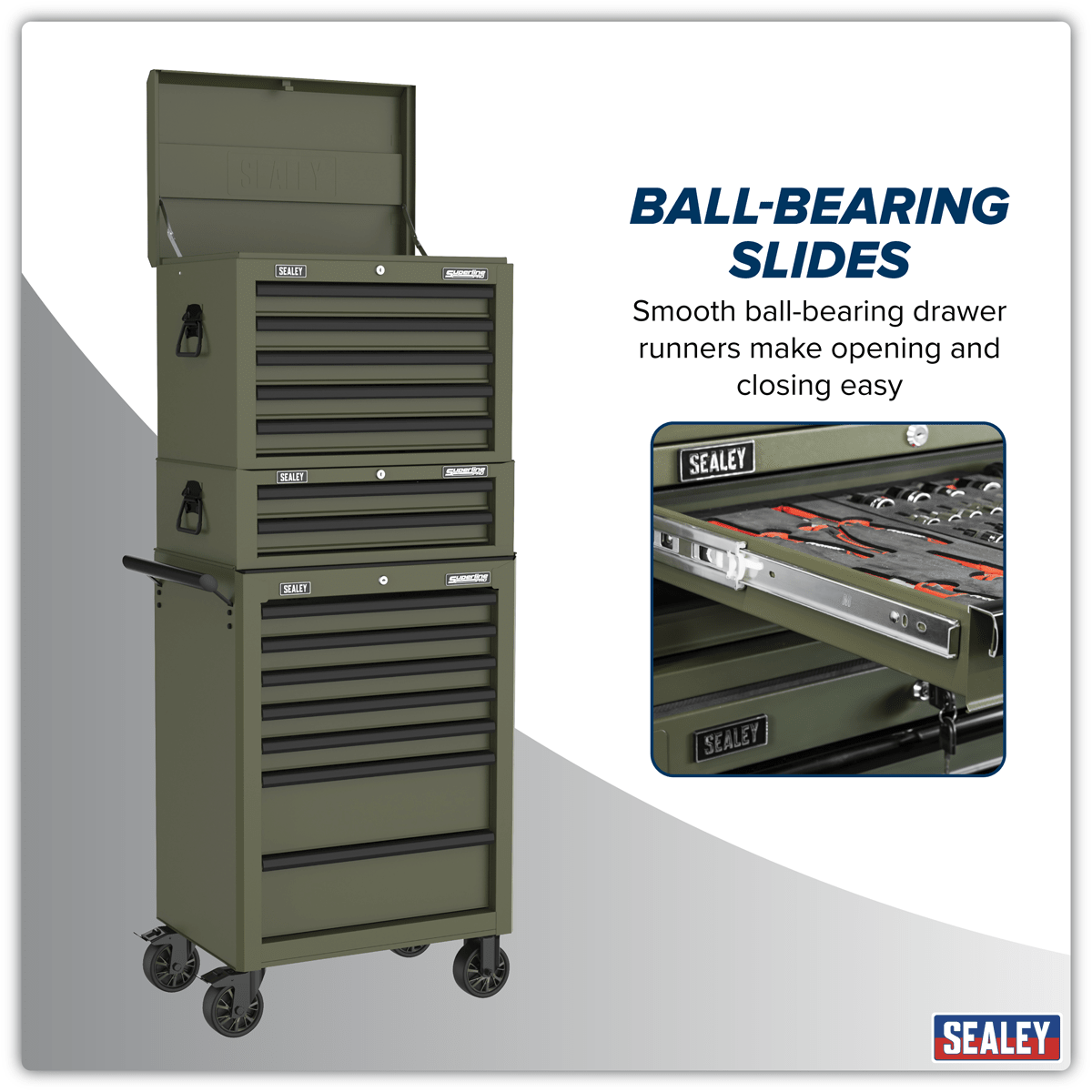 Sealey APSTACKTK Superline PRO® Topchest, Mid-Box Tool Chest & Rollcab Combination 14 Drawer - Khaki - APSTACKTK - Sealey Tools UK - Trade Counter Direct