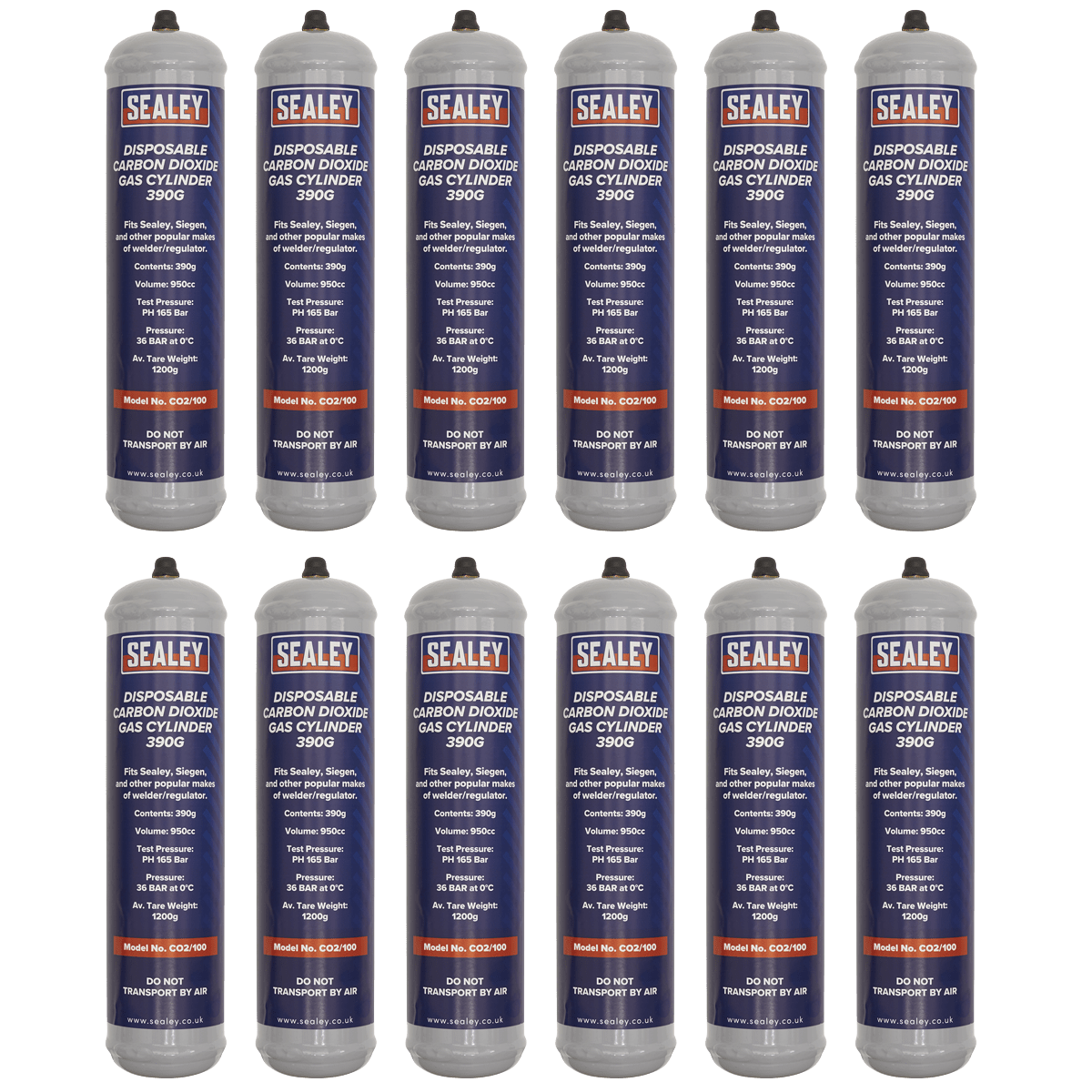 Sealey CO2/100/12 Disposable Carbon Dioxide Gas Cylinder 390g - Box of 12 - CO2/100/12 - Sealey Tools UK - Trade Counter Direct