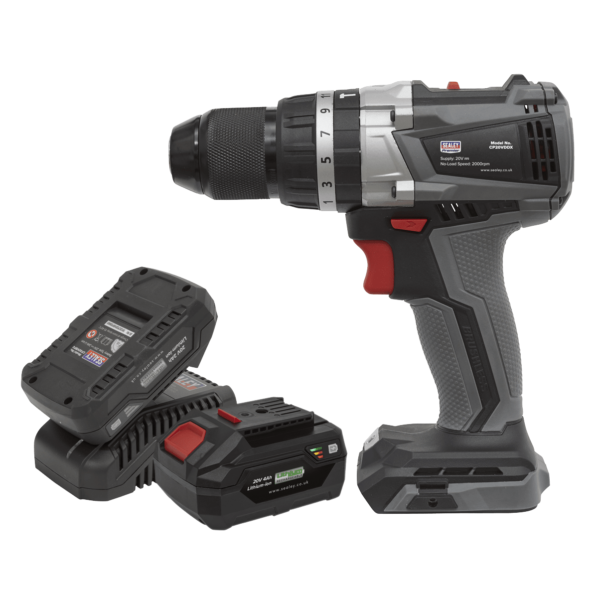 Sealey CP20VDDXKIT Brushless Hammer Drill/Driver Kit Ø13mm 20V - 2 Batteries - CP20VDDXKIT - Sealey Tools UK - Trade Counter Direct