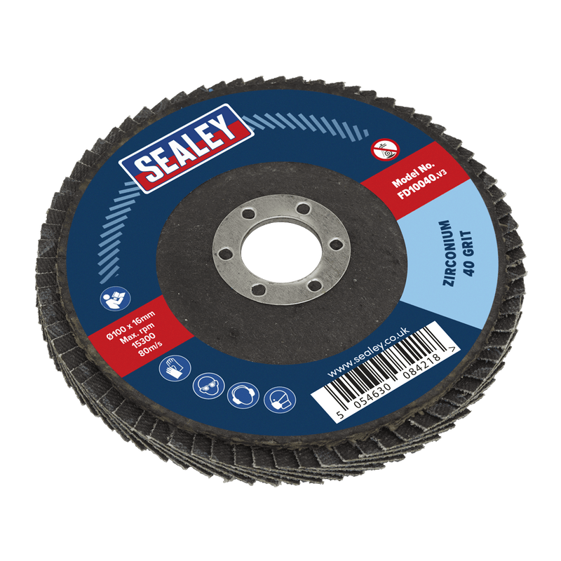 Sealey FD10040 100mm Zirconium Flap Disc 40Grit 16mm Bore - FD10040 - Sealey Tools UK - Trade Counter Direct