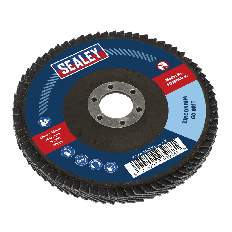 Sealey FD10060 100mm Zirconium Flap Disc 60Grit 16mm Bore - FD10060 - Sealey Tools UK - Trade Counter Direct