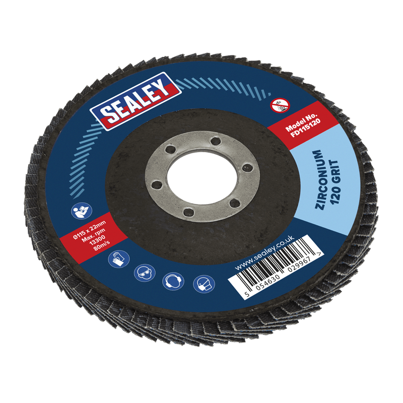 Sealey FD115120 115mm Zirconium Flap Disc 120Grit 22mm Bore - FD115120 - Sealey Tools UK - Trade Counter Direct