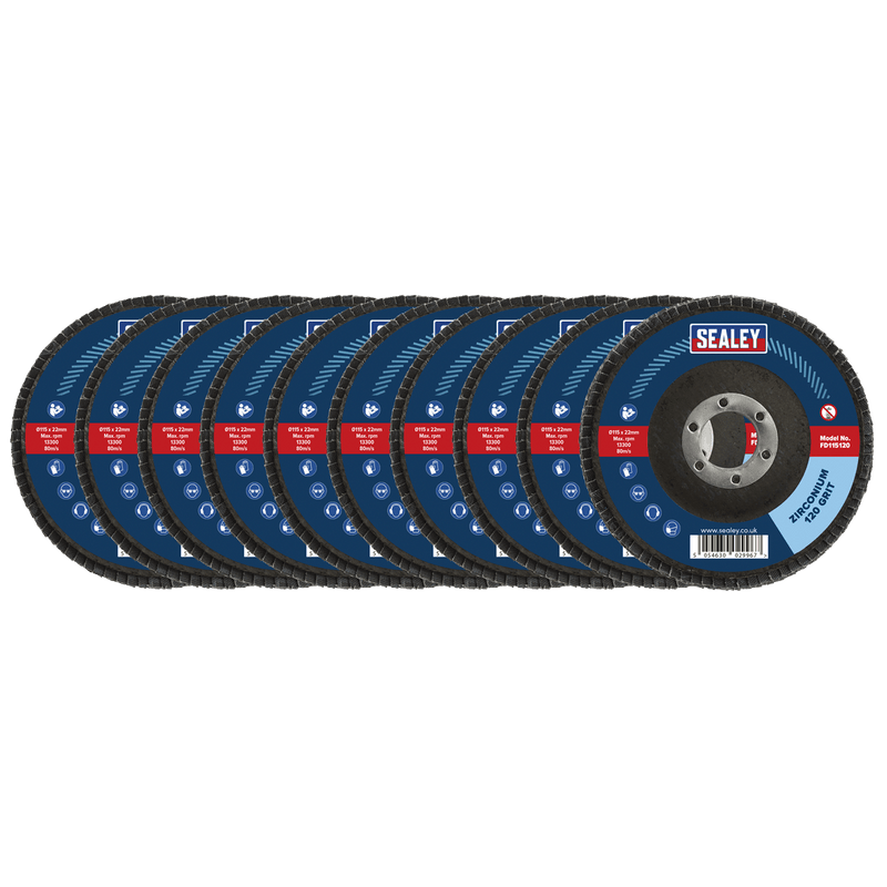 Sealey FD11512010 115mm Zirconium Flap Discs 120Grit 22mm Bore - Pack of 10 - FD11512010 - Sealey Tools UK - Trade Counter Direct