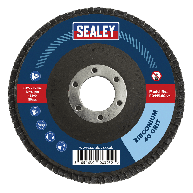 Sealey FD1154010 115mm Zirconium Flap Discs 40Grit 22mm Bore - Pack of 10 - FD1154010 - Sealey Tools UK - Trade Counter Direct