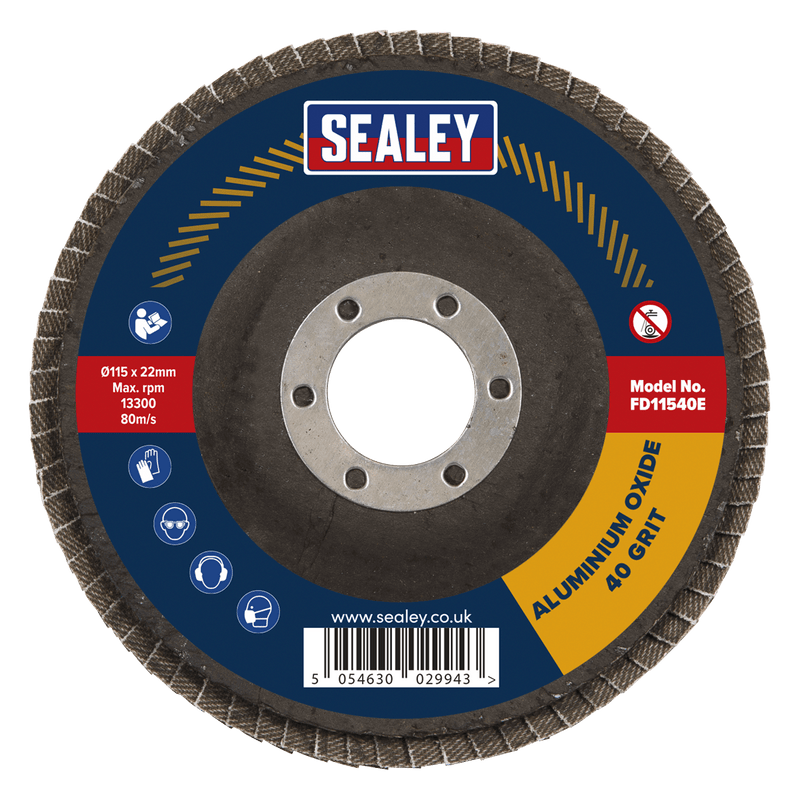 Sealey FD11540E 115mm Aluminium Oxide Flap Disc 40Grit 22mm Bore - FD11540E - Sealey Tools UK - Trade Counter Direct
