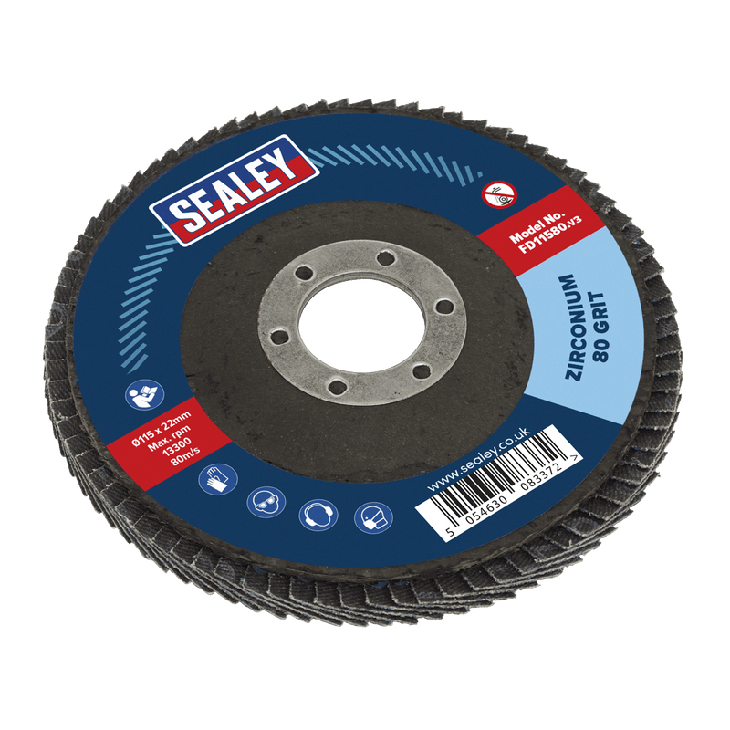 Sealey FD1158010 115mm Zirconium Flap Discs 80Grit 22mm Bore - Pack of 10 - FD1158010 - Sealey Tools UK - Trade Counter Direct