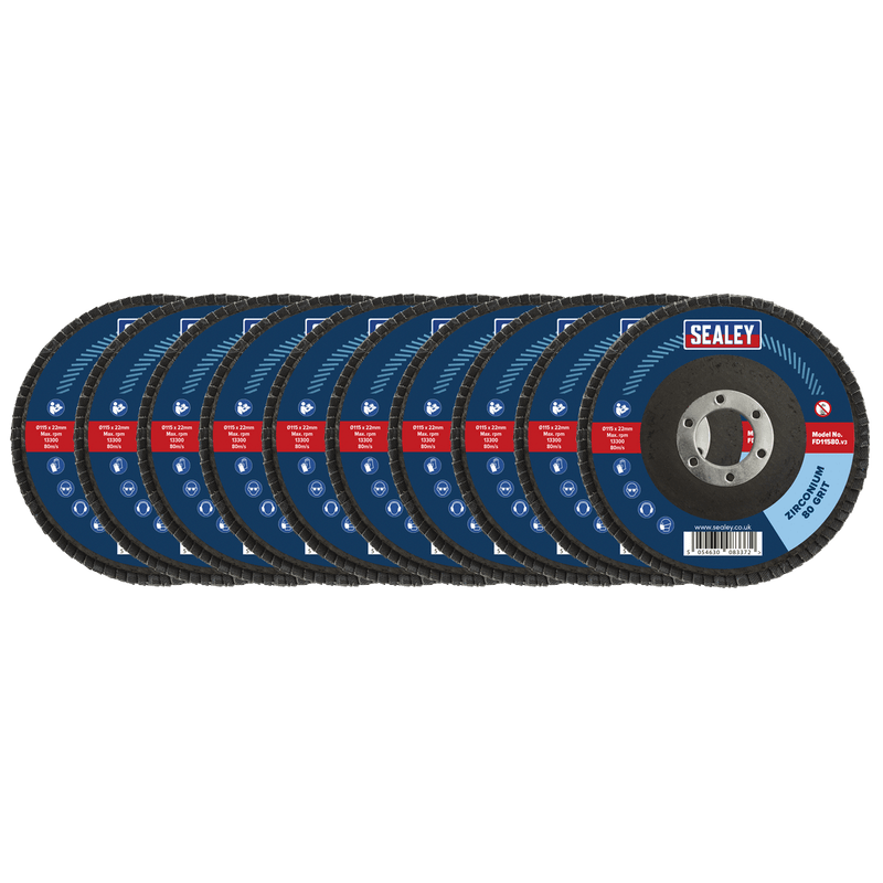 Sealey FD1158010 115mm Zirconium Flap Discs 80Grit 22mm Bore - Pack of 10 - FD1158010 - Sealey Tools UK - Trade Counter Direct