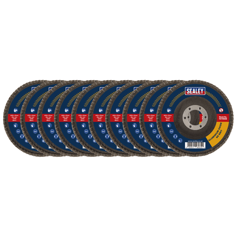 Sealey FD115EMIX 115mm Aluminium Oxide Flap Discs Assorted Grit 22mm Bore - Pack of 10 - FD115EMIX - Sealey Tools UK - Trade Counter Direct