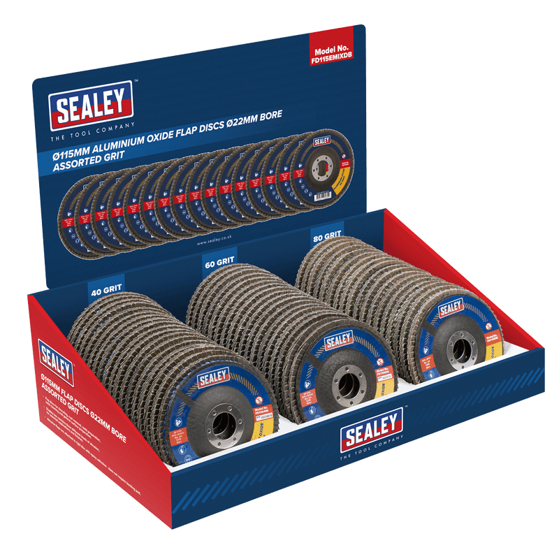 Sealey FD115EMIXDB 115mm Aluminium Oxide Flap Discs Assorted Grit 22mm Bore - Display Box of 60 - FD115EMIXDB - Sealey Tools UK - Trade Counter Direct