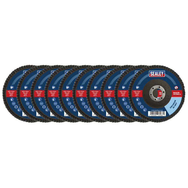 Sealey FD115MIX Assorted Grit Flap Discs Zirconium Ø115mm Ø22mm Bore - Pack of 10 - FD115MIX - Sealey Tools UK - Trade Counter Direct