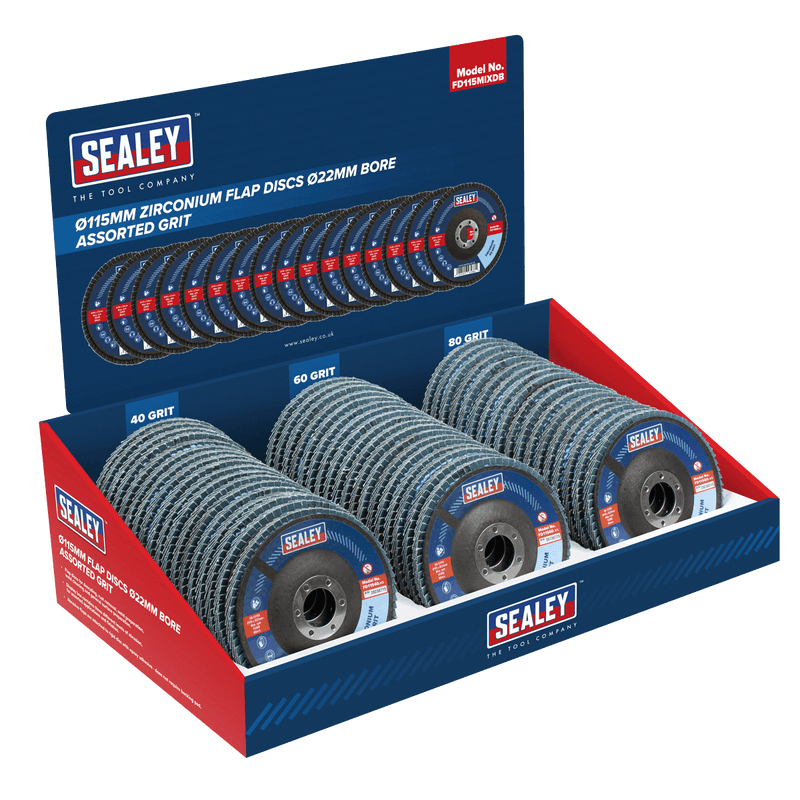 Sealey FD115MIXDB Assorted Grit Flap Discs Zirconium Ø115mm Ø22mm Bore - Display Box of 60 - FD115MIXDB - Sealey Tools UK - Trade Counter Direct