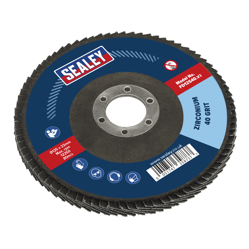 Sealey FD12540 125mm Zirconium Flap Disc 40Grit 22mm Bore - FD12540 - Sealey Tools UK - Trade Counter Direct