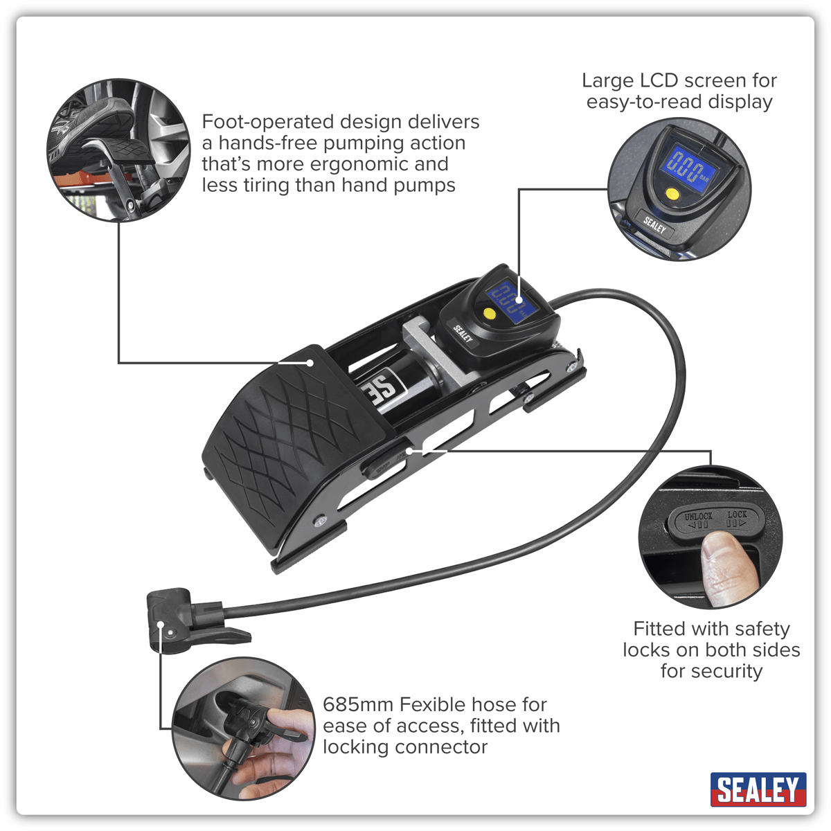 Sealey FP8D Single Barrel Digital Foot Pump - FP8D - Sealey Tools UK - Trade Counter Direct