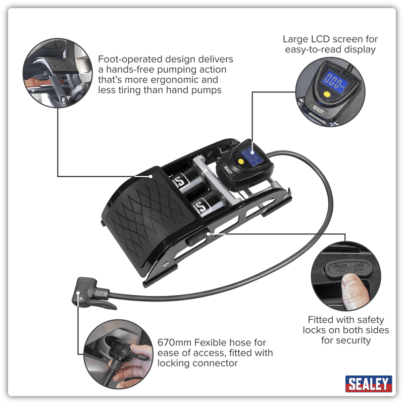 Sealey FP9D Twin Barrel Digital Foot Pump - FP9D - Sealey Tools UK - Trade Counter Direct