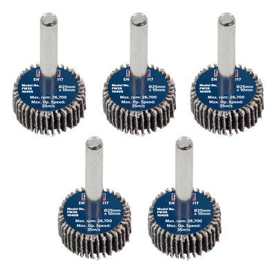 Sealey FW2510405 25 x 10mm Abrasive Flap Wheel with 6mm Shaft 40Grit - Pack of 5 - FW2510405 - Sealey Tools UK - Trade Counter Direct