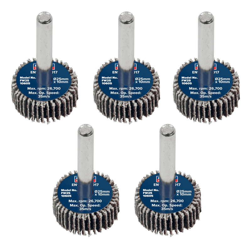 Sealey FW2510605 25 x 10mm Abrasive Flap Wheel with 6mm Shaft 60Grit - Pack of 5 - FW2510605 - Sealey Tools UK - Trade Counter Direct