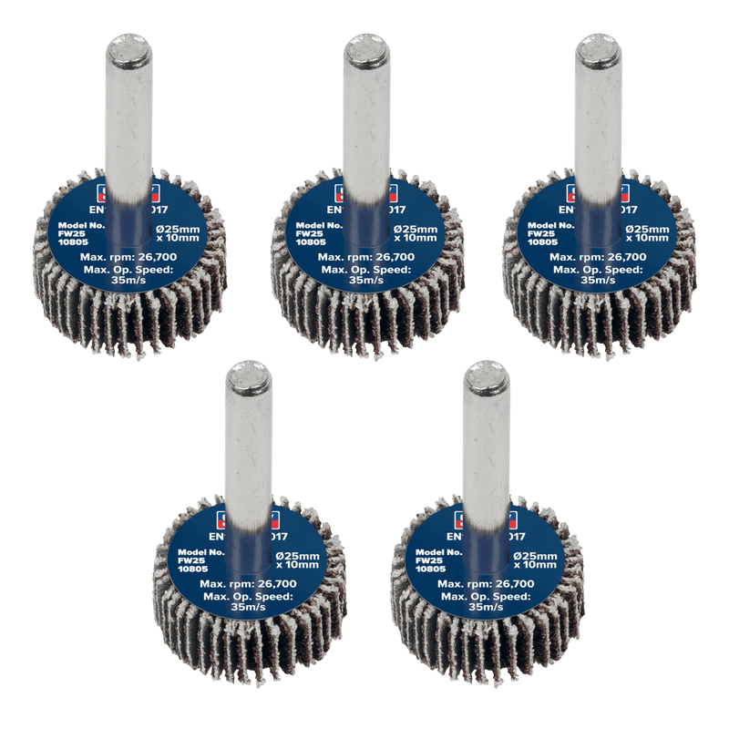 Sealey FW2510805 25 x 10mm Abrasive Flap Wheel with 6mm Shaft 80Grit - Pack of 5 - FW2510805 - Sealey Tools UK - Trade Counter Direct