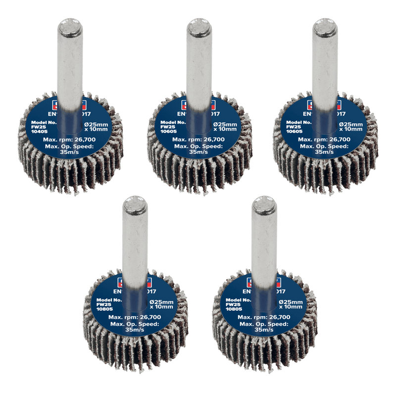 Sealey FW2510ASS 25 x 10mm Abrasive Flap Wheel with 6mm Shaft Assorted Grit - Pack of 5 - FW2510ASS - Sealey Tools UK - Trade Counter Direct