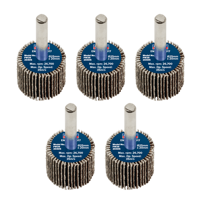Sealey FW2520405 25 x 20mm Abrasive Flap Wheel with 6mm Shaft 40Grit - Pack of 5 - FW2520405 - Sealey Tools UK - Trade Counter Direct