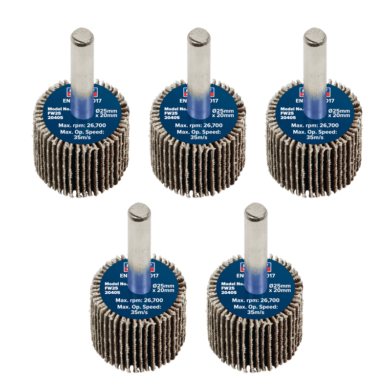 Sealey FW2520405 25 x 20mm Abrasive Flap Wheel with 6mm Shaft 40Grit - Pack of 5 - FW2520405 - Sealey Tools UK - Trade Counter Direct