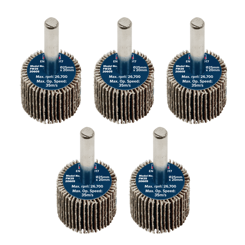 Sealey FW2520605 25 x 20mm Abrasive Flap Wheel with 6mm Shaft 60Grit - Pack of 5 - FW2520605 - Sealey Tools UK - Trade Counter Direct