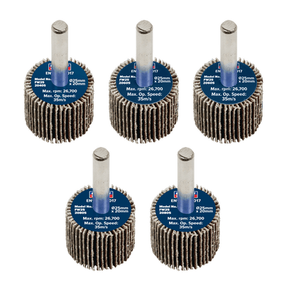 Sealey FW2520ASS 25 x 20mm Abrasive Flap Wheel with 6mm Shaft Assorted Grit - Pack of 5 - FW2520ASS - Sealey Tools UK - Trade Counter Direct