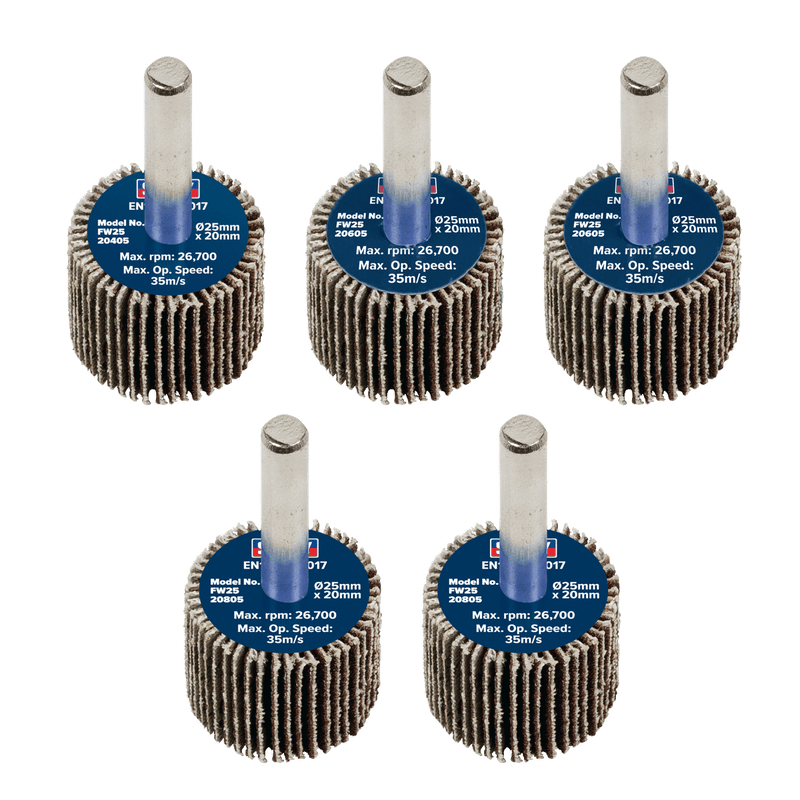 Sealey FW2520ASS 25 x 20mm Abrasive Flap Wheel with 6mm Shaft Assorted Grit - Pack of 5 - FW2520ASS - Sealey Tools UK - Trade Counter Direct